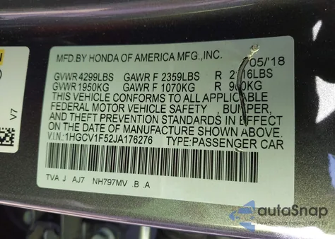 2018 Honda Accord Ex-L from USA, damaged, VIN 1HGCV1F52JA176276